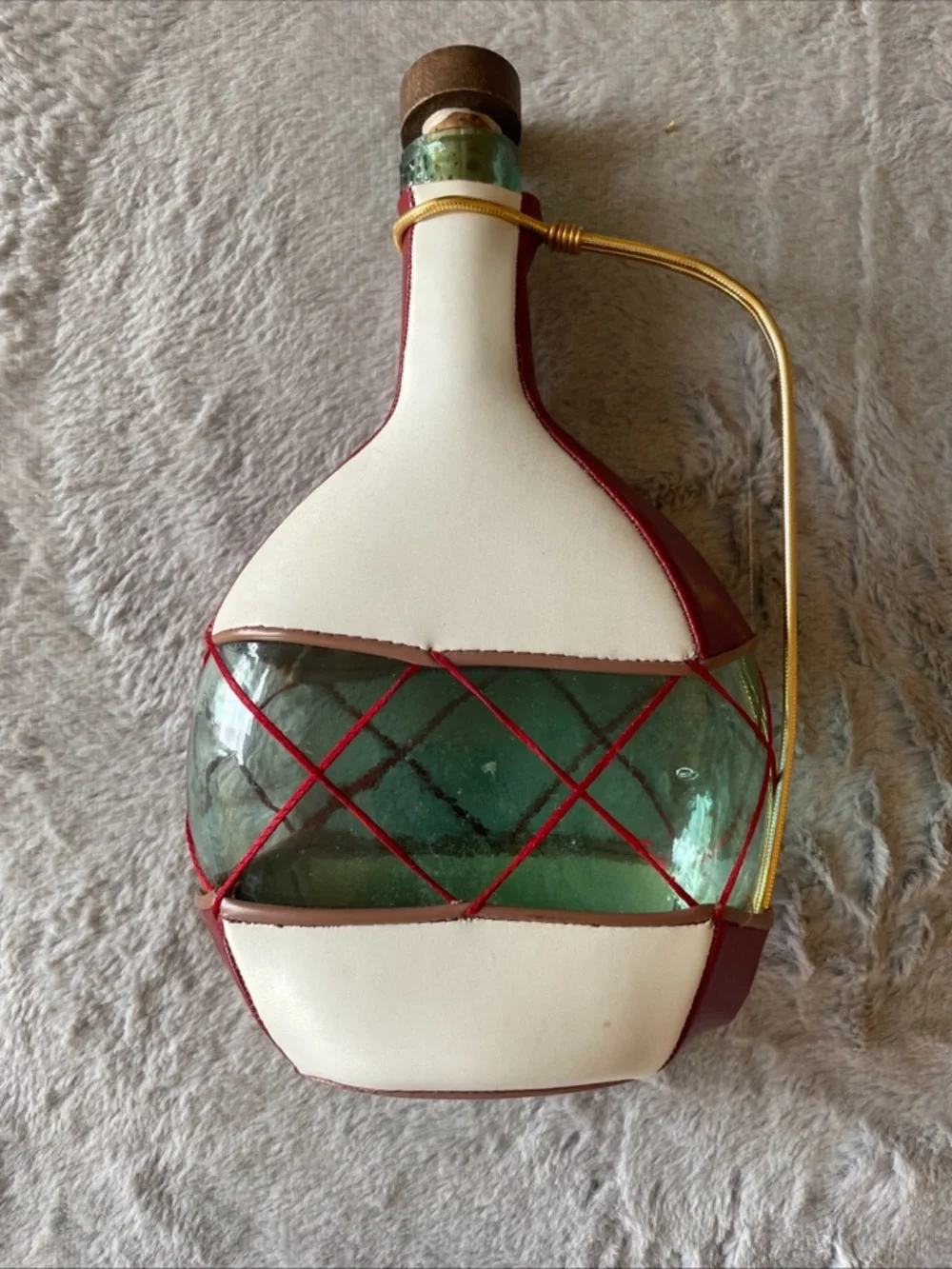 Vintage Spanish Decorative Green Glass White and Red Leather Wrap Wine decanter